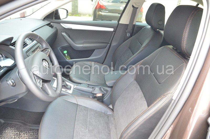 чехлы из арпатеки и алькантары на Skoda A 7 Универсал, черные с серой нитью, Leather StyLe