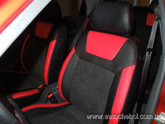 Красно-черные авточехлы из кожи и алькантары на Daewoo Lanos, чехлы на ланос, Leather StyLe MW Broth