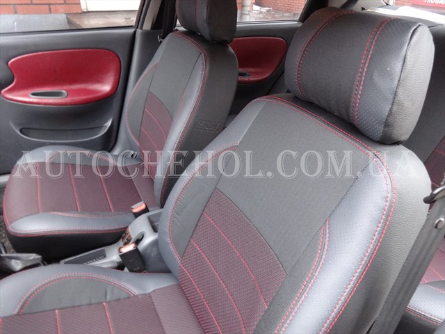 Чехлы на сиденья Daewoo Lanos, красная нить, автоткань и экокожа, Premium Style, Mw Brothers