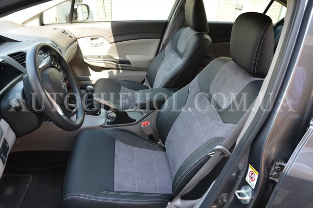 Серые авточехлы на сиденья Honda Civic 2012 из алькантары и арпатеки, Leather StyLe, MW BROTHERS