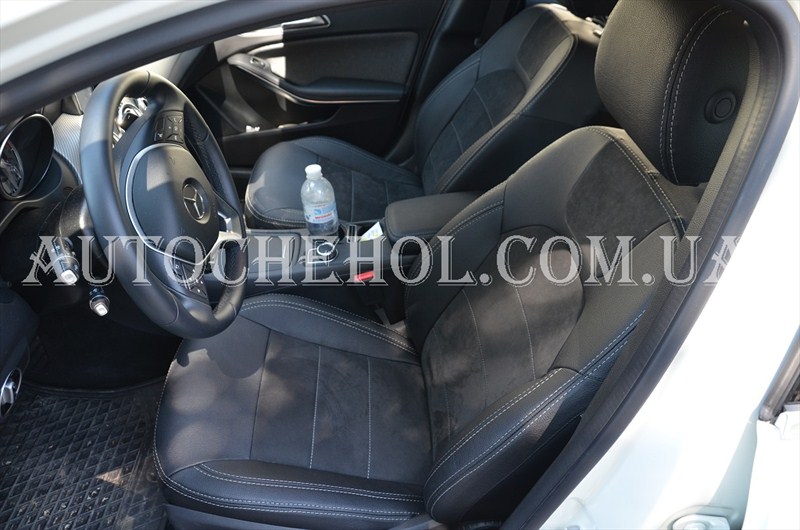 Авточехлы на Mersedes Gla 2014 арпатек с алькантарой, серые чехлы на мерседес Leather StyLe