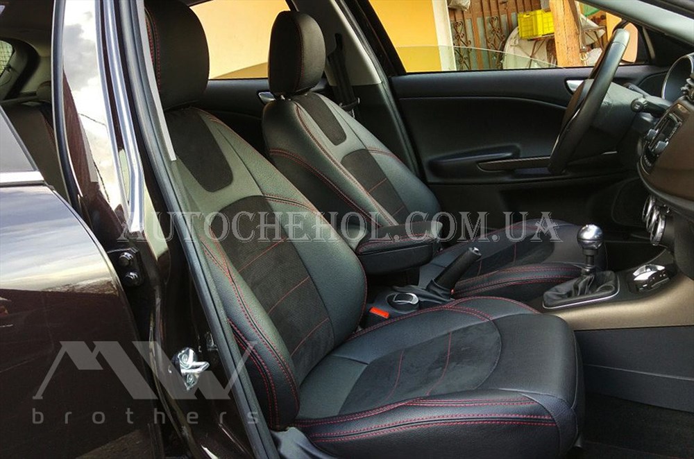 Авточехлы из алькантары и арпатеки на сиденья Alfa Romeo Giuiletta 2010, красная нить, Leather StyLe, MW BROTHERS