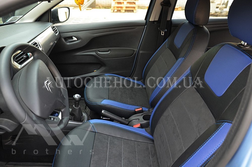 Авточехлы из алькантары и арпатеки на сиденья Peugeot 301,синяя нить, Leather StyLe, MW BROTHERS