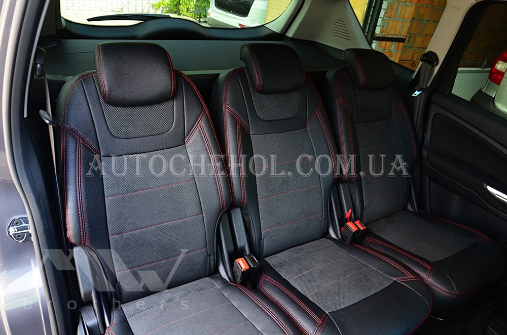 Авточехлы из алькантары и арпатеки на сиденья Ford S-max, красная нить, Leather StyLe, MW BROTHERS