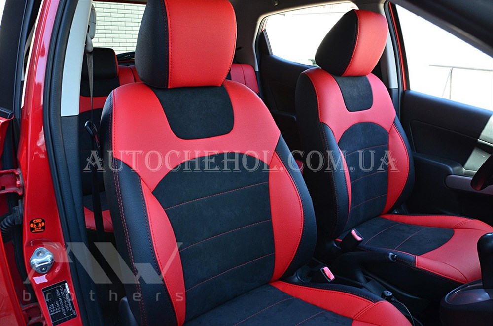 Авточехлы из алькантары и арпатеки на сиденья Mazda 2, красная нить, Leather StyLe, MW BROTHERS