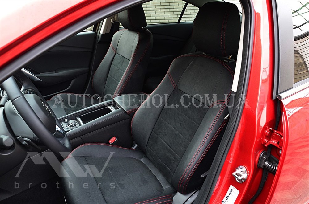 Авточехлы из алькантары и арпатеки на сиденья Mazda 6 2013, красная нить, Leather StyLe, MW BROTHERS