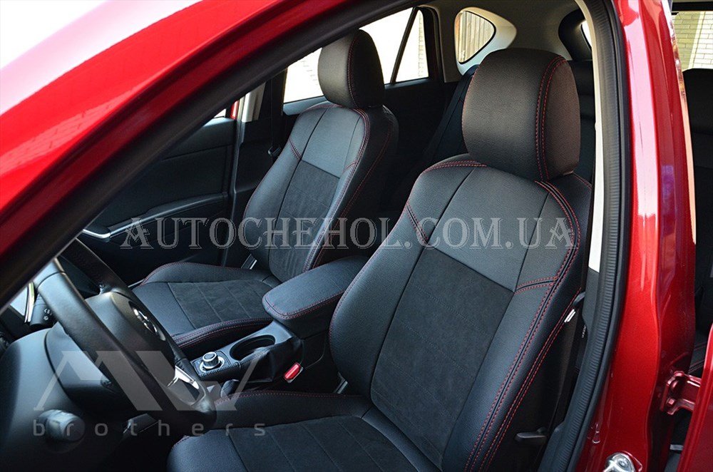 Авточехлы из алькантары и арпатеки на сиденья Mazda CX-5 2012 - 2015, красная нить, Leather StyLe, MW BROTHERS