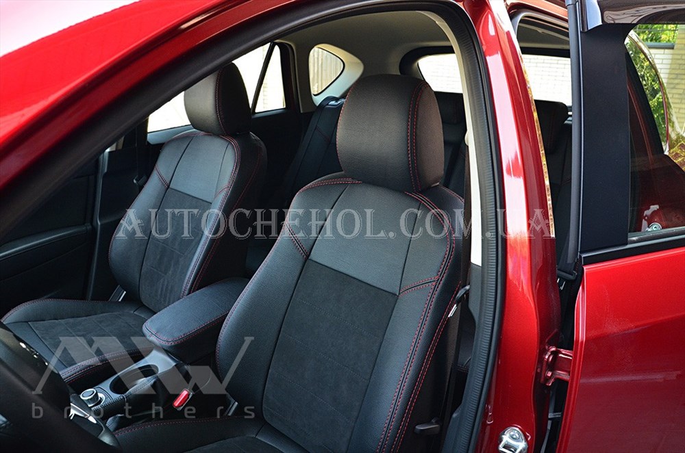 Авточехлы из алькантары и арпатеки на сиденья Mazda CX-5 2015-2017,красная нить, Leather StyLe, MW BROTHERS