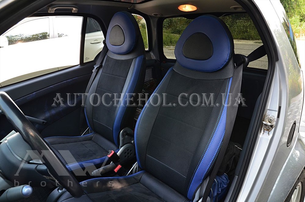 Авточехлы из алькантары и арпатеки на сиденья Mercedes Smart Fortwo 2007-2014, синие вставки, Leather StyLe, MW BROTHERS