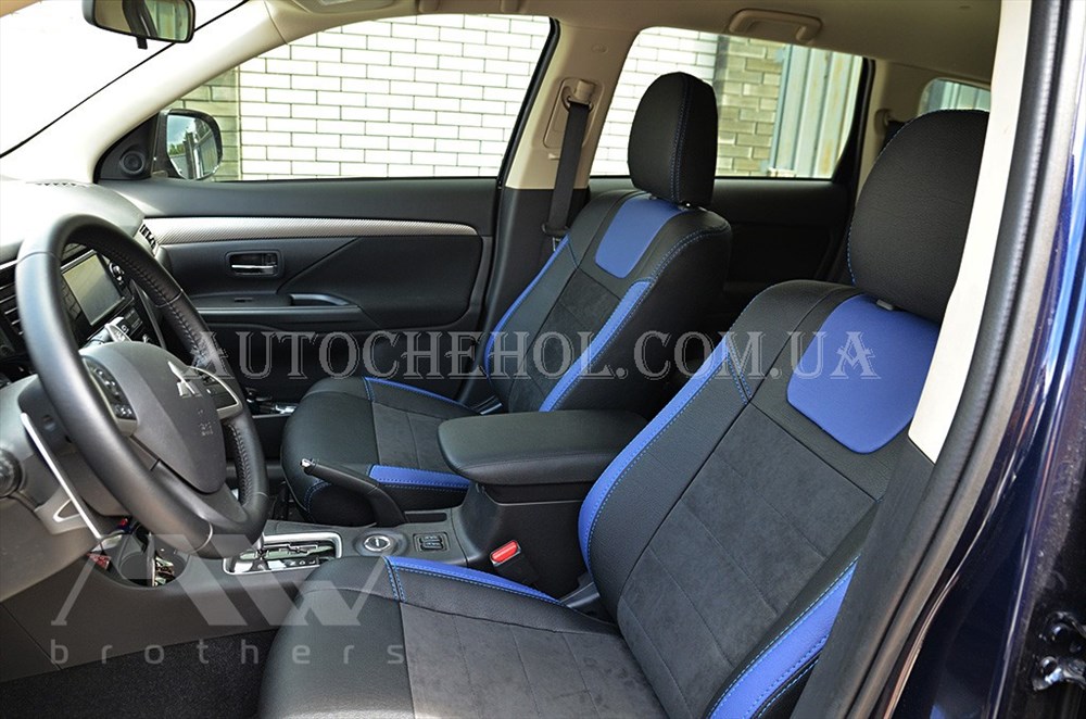 Авточехлы из алькантары и арпатеки на сиденья Mitsubishi Outlander 2012, синие вставки, Leather StyLe, MW BROTHERS