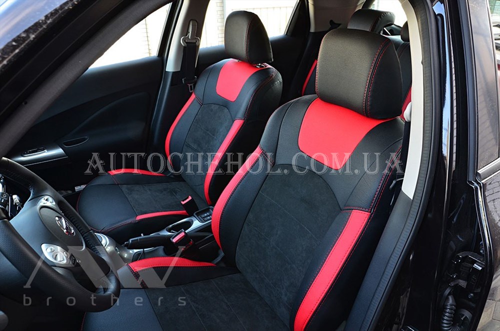 Авточехлы из алькантары и арпатеки на сиденья Nissan Juke, красная нить, Leather StyLe, MW BROTHERS