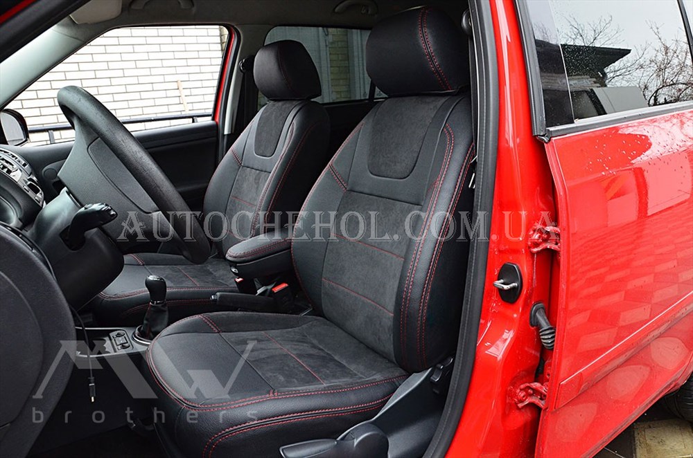 Авточехлы из алькантары и арпатеки на сиденья Skoda Fabia 1999 - 2008, красная нить, Leather StyLe, MW BROTHERS