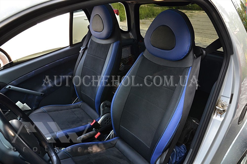 Авточехлы из алькантары и арпатеки на сиденья Mercedes Smart Fortwo 1998 - 2007, синие вставки, Leather StyLe, MW BROTHERS