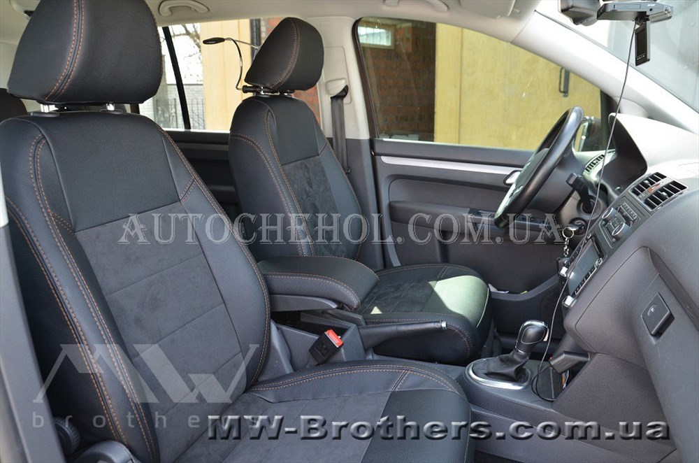 Авточехлы из алькантары и арпатеки на сиденья Volkswagen Touran 2004, коричневая нить, Leather StyLe, MW BROTHERS