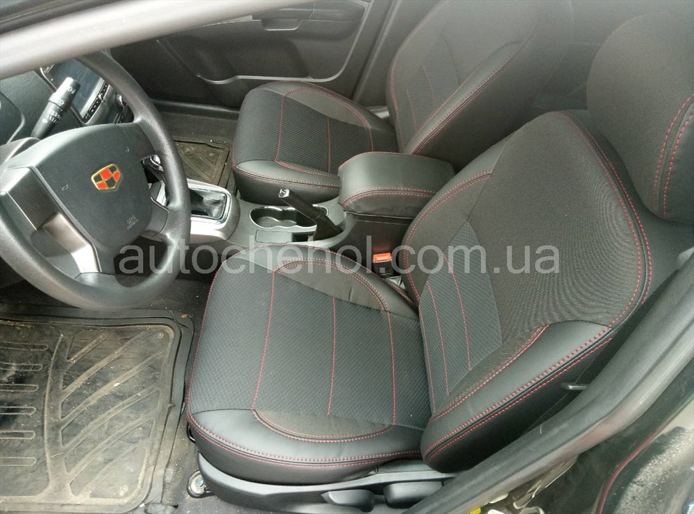 Качественные автомобильные чехлы на сиденья Geely Emgrand 2014, красная нить, Premium style