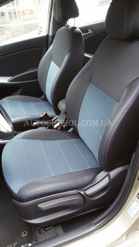 Качественные автомобильные чехлы на сиденья Kia Rio 3, синяя нить, Premium style