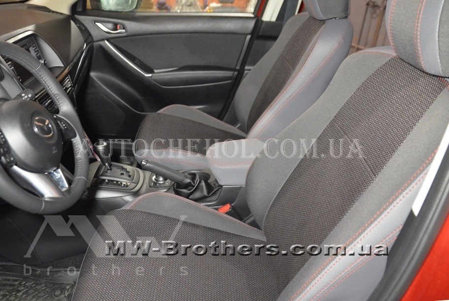Качественные автомобильные чехлы на сиденья Mazda CX-5 2012-2015,красная нить серые вставки, Premium style
