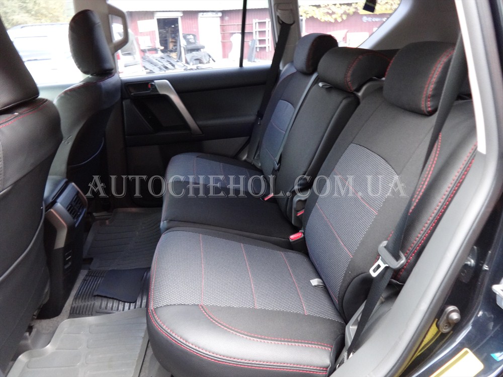 Качественные автомобильные чехлы на сиденья Toyota Prado 150, красная нить, Premium style