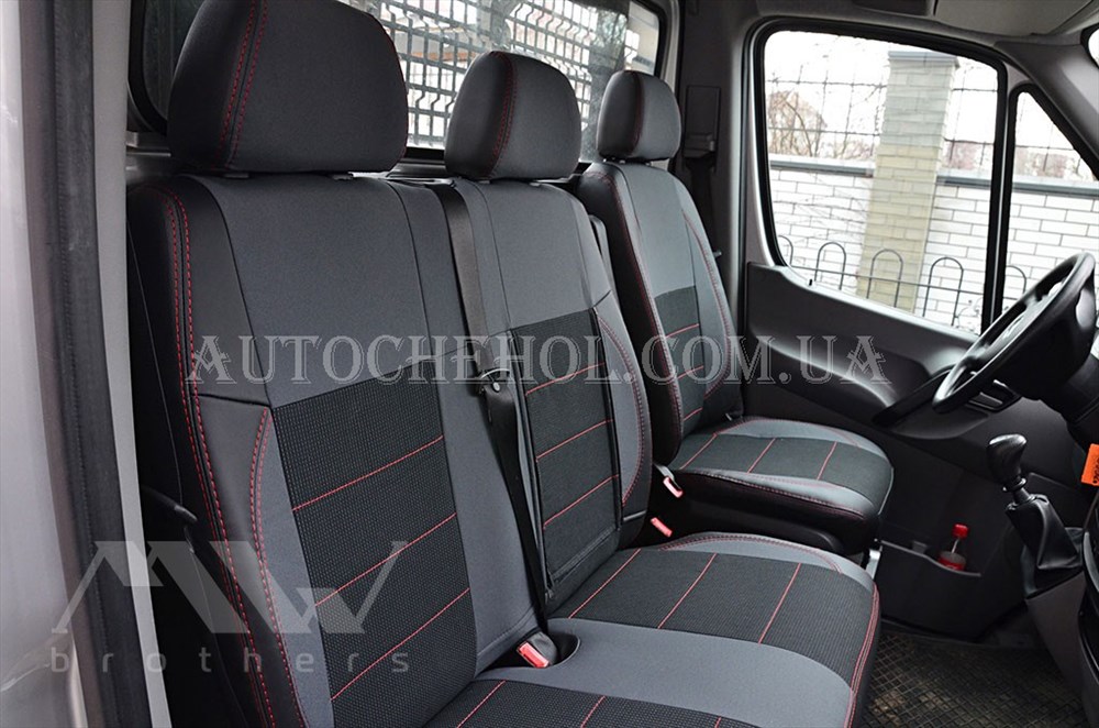 Качественные автомобильные чехлы на сиденья Mercedes Sprinter 2006, красная нить, Premium style