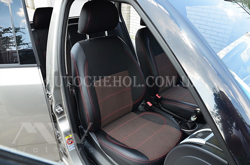 Качественные автомобильные чехлы на сиденья Skoda Fabia 1999 - 2008, красная нить, Premium style
