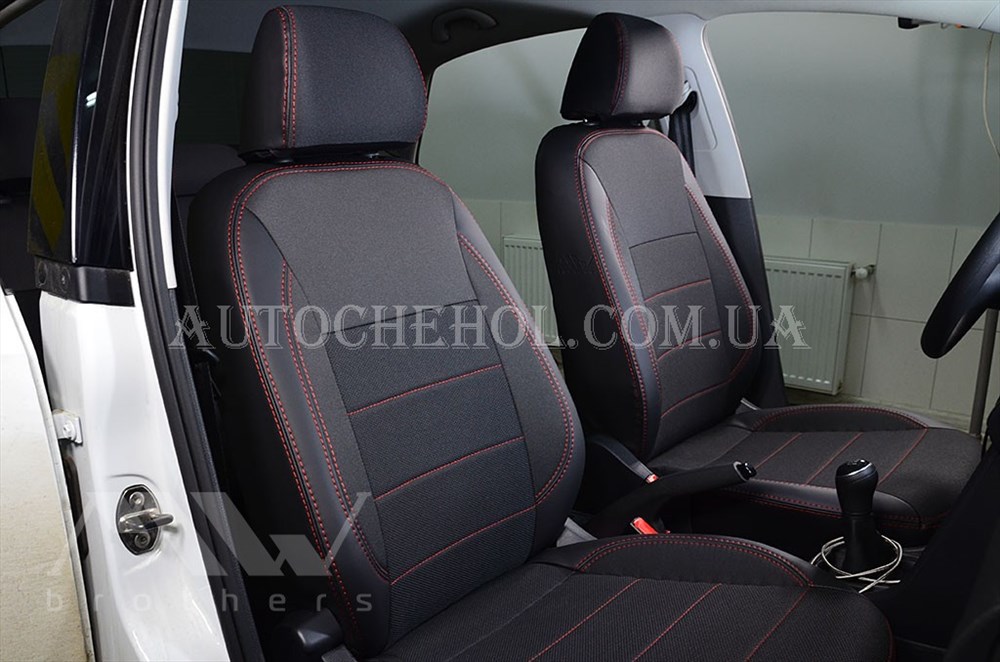 Качественные автомобильные чехлы на сиденья Volkswagen Polo 2009 хетчбек, красная нить, Premium style