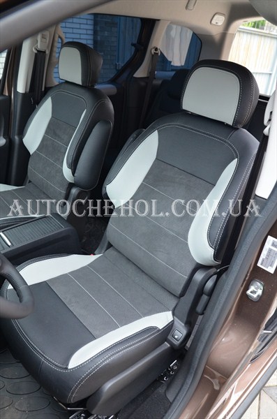 Авточехлы на Peugeot Partner 2007 экокожа с алькантарой, серые чехлы на партнер, Leather StyLe
