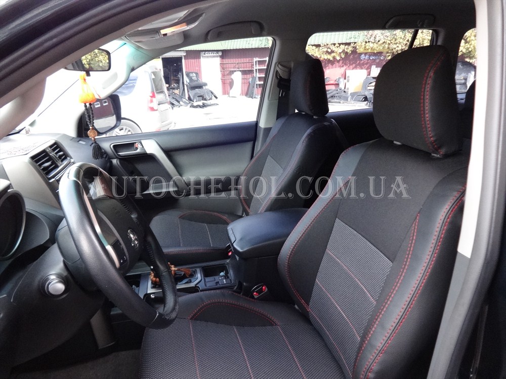 Качественные автомобильные чехлы на сиденья Toyota Prado 150, красная нить, Premium style
